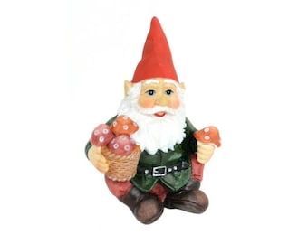 Fairy Garden Gnome with Basket of Mushrooms