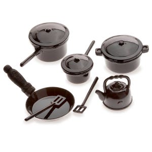 May include: A set of black miniature kitchen cookware, including a frying pan, a kettle, and three pots with lids. The cookware is made of metal and has a shiny finish.