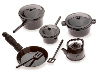 Dollhouse Miniature Black Pots and Pans,   Mini Metal Kitchen Pots,  Kitchen Supply