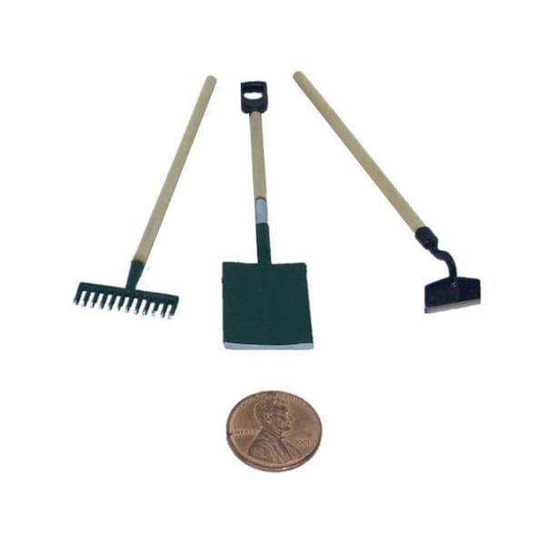 Long Handle Miniature Yard Tool Assortment, Wood and Metal Fairy Garden Lawn Tools,  Miniature Rake, Hoe, Shovel