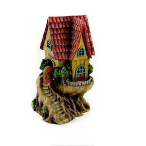 LED Red Roof Fairy Garden Tree House,  Forest House with Stairs, 10&quot; Fairy House,  Fairy Garden Accessory