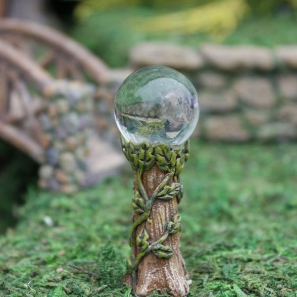 Miniature Garden Gazing Ball on Tree Stump.  Fairy Crystal Ball, Miniature Lawn Decor
