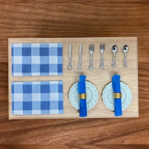 2 Dollhouse Kitchen Table Settings, Blue Placemats and Napkins with Plates and Cutlery for 2,  Miniature Kitchen Table Setting