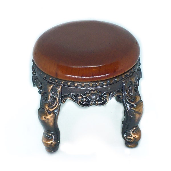 1" Round Wood Topped Dollhouse Ottoman, Ornate Metal Legged Stool, Dollhouse Furniture