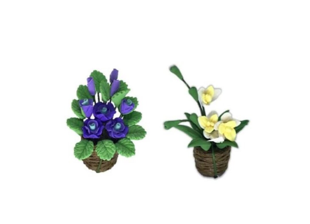 Set Di 4 Fiori Artificiali Gloxinia In Vaso In Miniatura Scala 1:12 Per Casa Delle Bambole