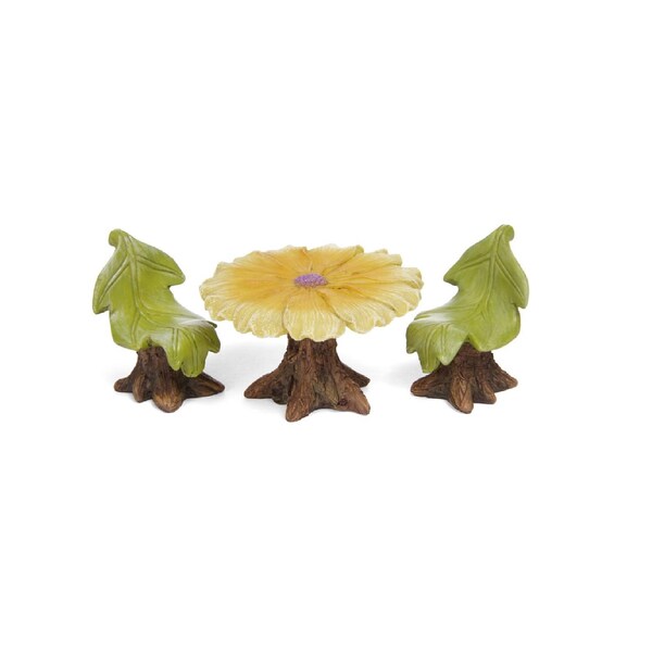 Spring Fairy Garden Table and Chairs, Daisy Table with Leaf Chairs, Miniature Outdoor Furniture Set