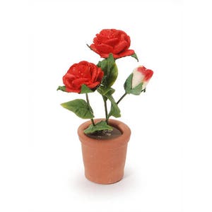 Artificial Potted Red Roses,  Red Flowers in a Pot, Miniature Rose Plant,  Shadow Box Flowers, Dollhouse Miniature Roses