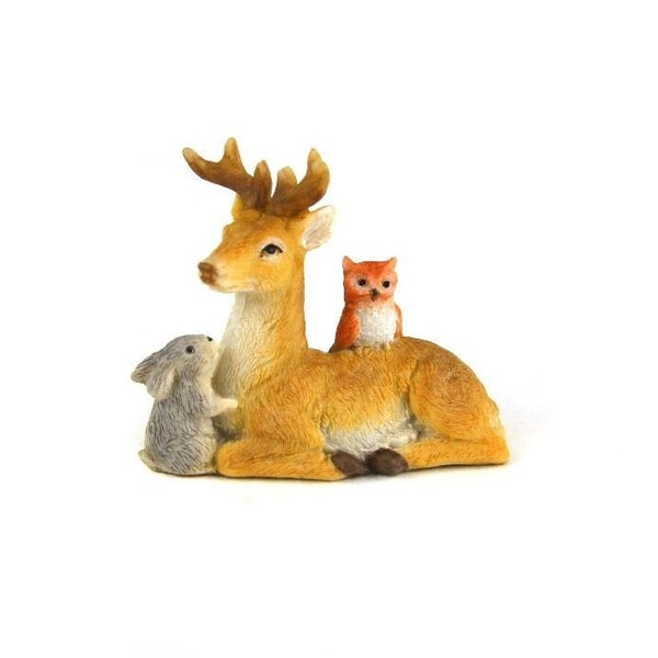 Cerf avec un lapin et un hibou, figurine de cerf assis, gâteau de cerf