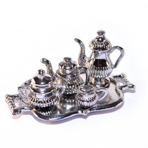 Miniature Silver Tone Metal Coffee and Tea Set, Dollhouse Teapot, Coffee Pot, Sugar Bowl, Pitcher and Tray