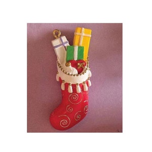 Miniature Red Christmas Stocking, Dollhouse Decorated Resin Filled Holiday Stocking