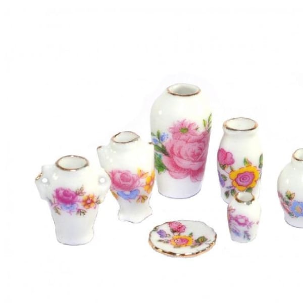 Set of 6 Miniature Floral Vases with 1 Plate, 7 Piece  Dollhouse Vase Set in Pink, Blue and Yellow