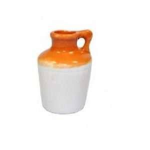 May include: A small, white ceramic pitcher with an orange top and a handle. The pitcher is glazed and has a smooth finish.