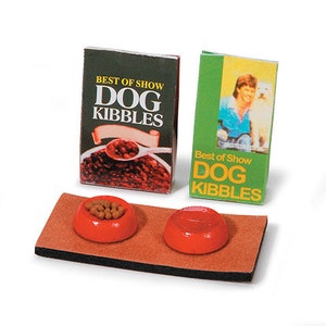 Conjunto de estação de comida para cães em miniatura para casa de bonecas, sacos de comida em miniatura para cães