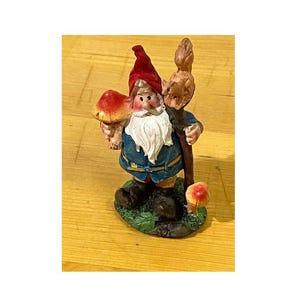 Miniature Gnome Standing with a  Squirrel on a Stick, Fairy Garden Gnome, 3.5&quot;