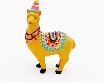 Miniature Orange Llama in a Party Hat, Party Llama Gift for Llama Collector, Llama Cake Topper