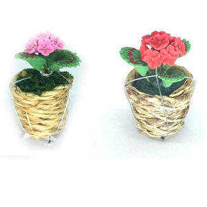 Dollhouse Flowers, Miniature Pink or Red Geraniums, Flowers in a Basket, Fairy Garden Flowers