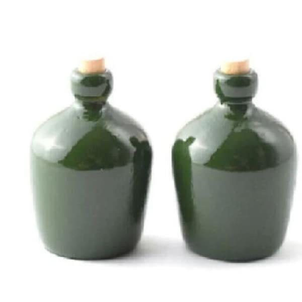 Pair of Green Dollhouse  Stoneware Carboy Bottles, Miniature Pottery Jars with Cork