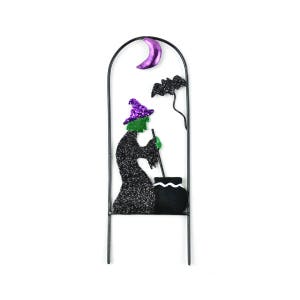 Heks met Caldron Metalen Trellis, Glittery Heks Silhouet Fairy Garden Accessoire, Halloween Heks