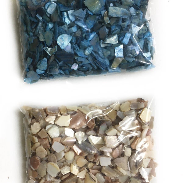 Choice of Crushed Blue or Tan Seashell Pieces, Shiny  Polished Seashell Chips, Fairy Garden Landscaping
