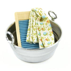 Miniature Wash Tub with Washboard and Towel,  Fairy Garden Tub,  Miniature Metal Tub, 2&quot; Diameter