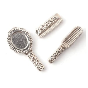Miniature Brush, Comb and Mirror Set, Silver  Tone Dollhouse Brush Set