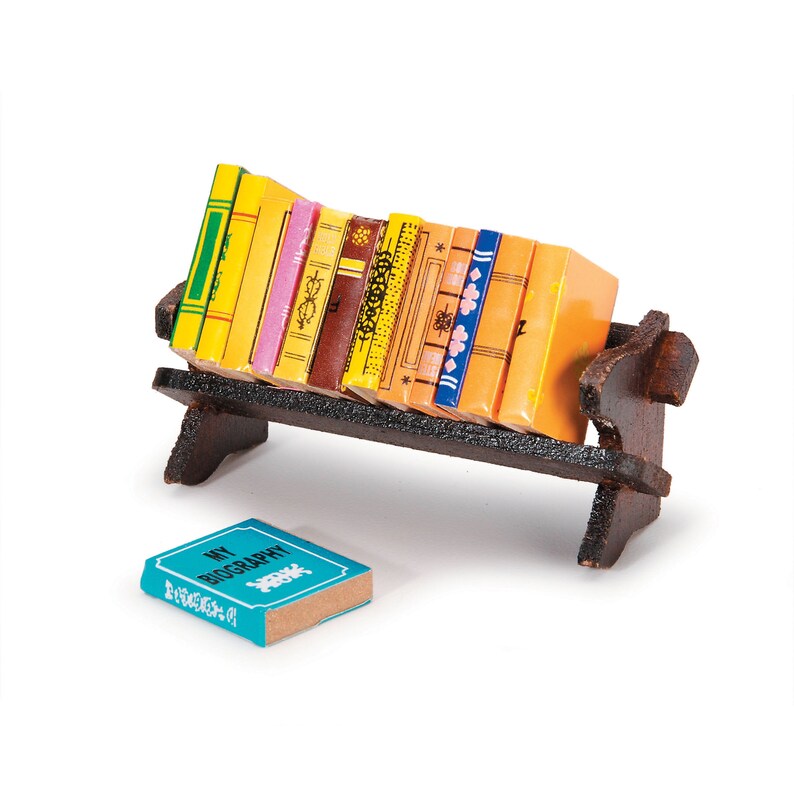May include: A miniature wooden bookshelf with a collection of colorful books. The books are yellow, pink, and orange, with various decorative spines. A small blue book with the text "MY BIOGRAPHY" is in front of the shelf. The shelf is dark brown.