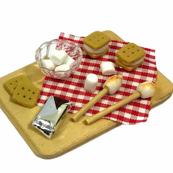 Dollhouse Miniature S'Mores Tray, Miniature Marshmallow and Chocolate Melting Set