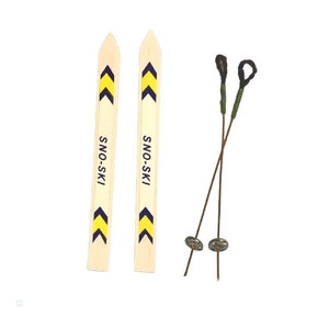 May include: A pair of wooden skis with yellow and blue markings and the text "SNO-SKI" printed on them. The skis are accompanied by a pair of ski poles with black tips and green straps.