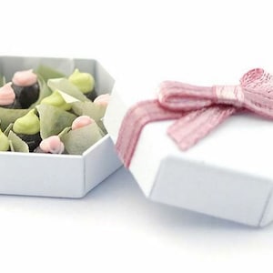 Può includere: Una scatola regalo esagonale bianca con un nastro e un fiocco rosa. La scatola è aperta e contiene una collezione di piccoli dolci rotondi ricoperti di cioccolato con glassa verde e rosa.
