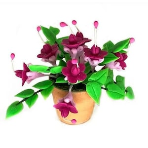 Artificial Fuchsias in a Pot, Miniature Pink Flowers, Dollhouse Florist Shop Flowers