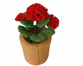 Miniature Artificial Geraniums in a Terracotta Pot for Dollhouse or Fairy Garden, Dollhouse Red Flowers