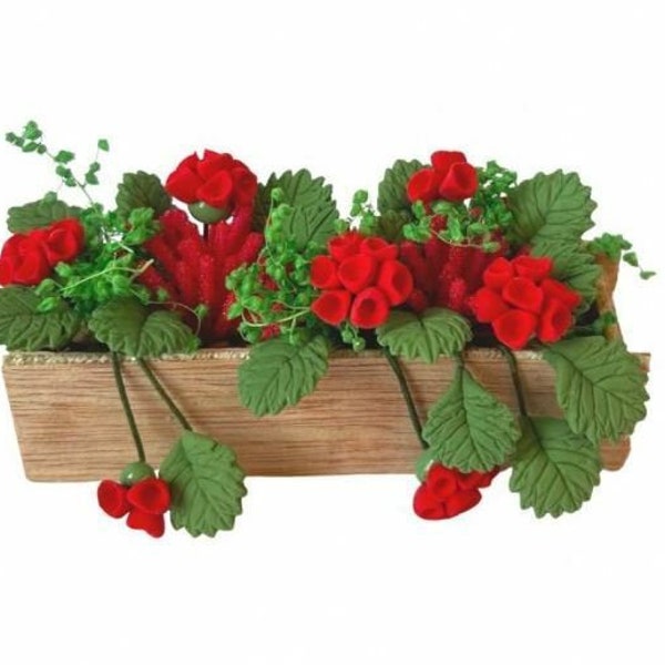 Jardinière miniature avec géraniums rouges artificiels pour maison de poupée ou jardin féerique