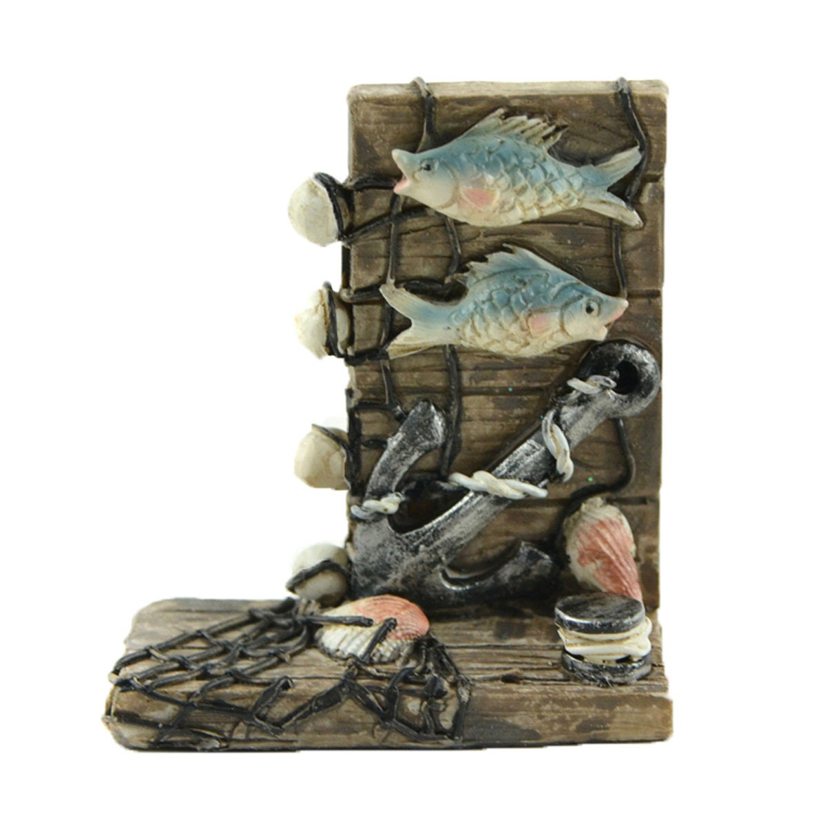 Nautical Post with Fish, Net and Anchor, 2.25" Miniature Ocean Post, Beach Fairy Garden Accessory