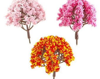 Artificial Flowering Tree Trio, 3 Miniature Spring Tree Figurines, Fairy Garden Accessories,  3" Trees for Dioramas, Fairy Gardens, etc