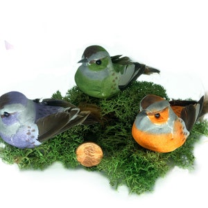 Green, Orange and Purple Birds,    Artificial Set of 3 Fairy Garden Birds for Nests,  Plants and Trees