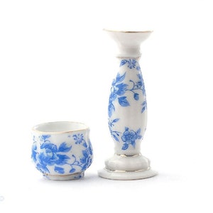 Miniature Blue and White Jardinière, Dollhouse Pedestal for Plants, 2 Piece Plant Stand