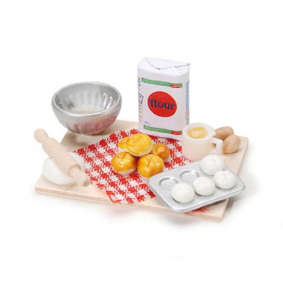 1:12 Baking Bread Egg Flour Cake Rolling Pin Set Cutting Board Kitchen Miniature