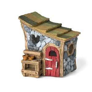 Miniature Fairy Garden Shed with Red Door,  Mossy Roof Fairy Shed, Miniature Potting Shed