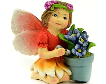 Red Fairy with Flower Pot,  Miniature Fairy with Blue Flowers