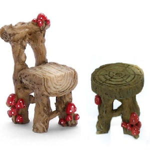 Wood Chair or Stool with Red Mushrooms, Miniature Wood Furniture Choice,  Fairy Garden Accessory