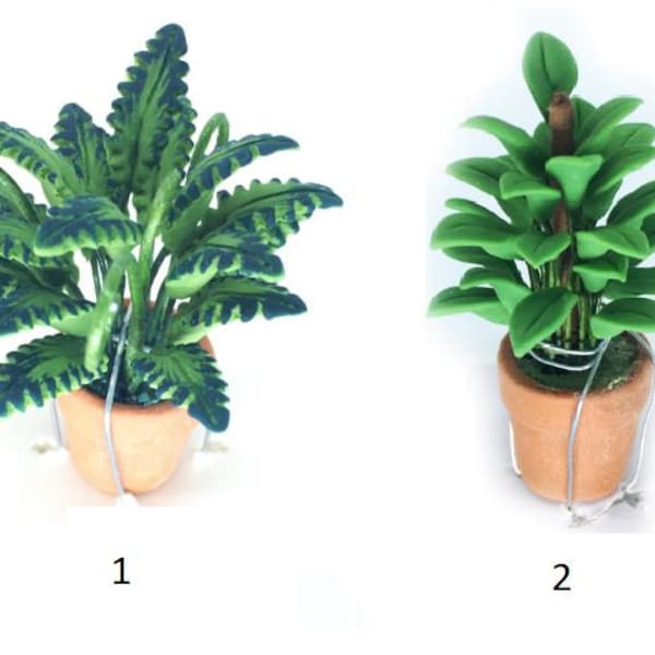Miniature Plant in Clay Pot, Choice of Artificial Philodendron or Fern, Dollhouse Plants