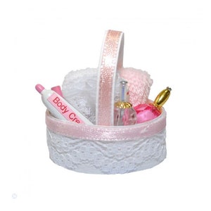 Miniature Pink Bath Accessory Basket, Oval Dollhouse Basket with Bath Supplies, Dollhouse Bath Supply