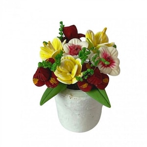Artificial Miniature Flowers in a White Pot, Yellow and Red Dollhouse Flowers, Fairy Garden Flower Pot