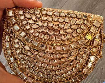 Kundan Evening Bag Clutch with Detachable Chain – Party Wedding Accessory