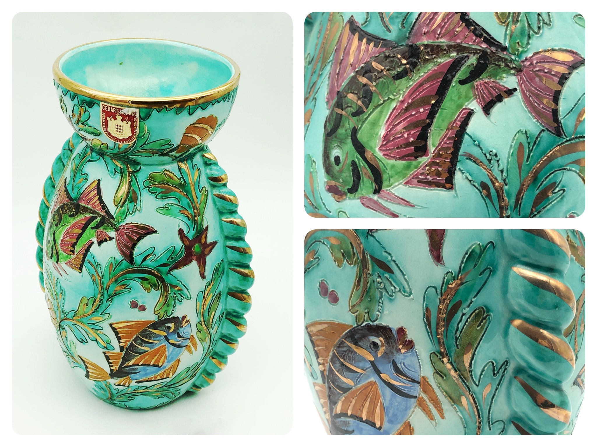 Mid-Century - Monaco Vase, Fish Aquatic Patern. Cerart Signed.