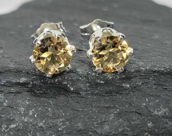 Yellow Citrine Sterling Silver Stud Earrings, November Birthstone Earrings, 6mm Round Cut