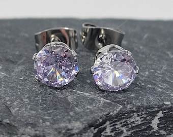 Lavender Cubic Zirconia Stainless Steel Stud Earring, 6mm Round Cut