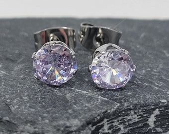 Lavender Cubic Zirconia Stainless Steel Stud Earring, 6mm Round Cut