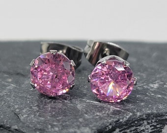 Pink Cubic Zirconia Stainless Steel Stud Earring, 6mm Round Cut