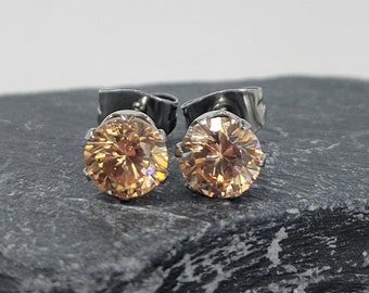Champagne Cubic Zirconia Stainless Steel Stud Earring, 6mm Round Cut
